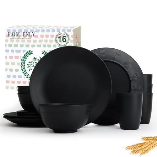 Homienly 16-Piece Wheat Straw Dinnerware Sets, Reusable Unbreakable Plates and Bowls Sets,Cups,Service for 4, Premium Dishwasher and Microwave Safe Dish Sets for Kitchen,Outdoor - Black - color: Black, size: 16 PCS