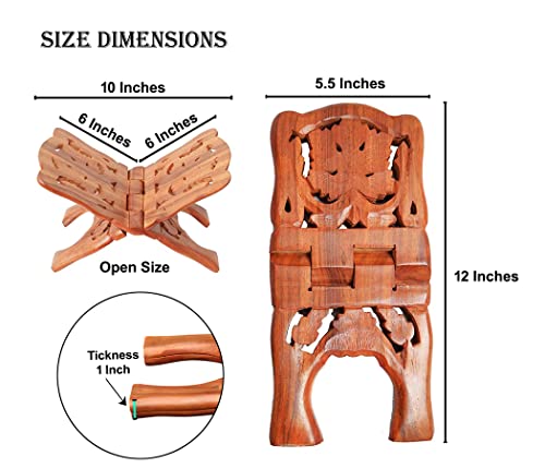Sheesham Wooden Hand Carved Holy Book Stand – 12 Inch Rehal for Quran, Bible, Gita, Ramayana & Guru Granth Sahib | Foldable Religious Book Holder for Reading (LF03)