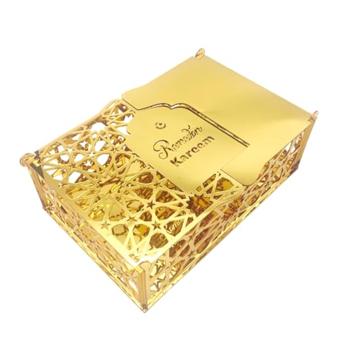 Ramadan Tray Eid Mubarak Serving Tray Hollow Acrylic Mirror Tray Fruit Plate Tableware Dessert Star Platters Candy Dish Storage Container DIY Display Holder Ramadan Islam Kareem Party Decor - color: Golden -L