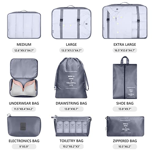 Mossio 9 Set Packing Cubes with Shoe Bag & Electronics Bag - Luggage Organizers Suitcase Travel Accessories - color: Grey