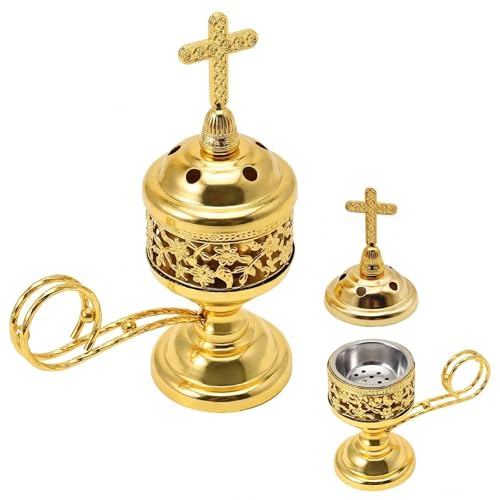 6 Inch Gold Incense Burner with Cross Lid - Metal Charcoal Censer for Frankincense, Resin & Bakhoor - Elegant Catholic Church & Home Altar Decor - Vintage Religious Gift (No Tong)