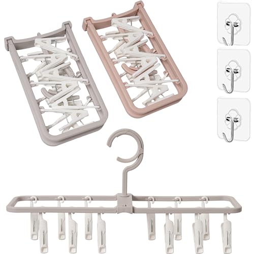 Foshine Clothes Drying Racks 2 Pack Small Folding Portable Underwear Hangers with 12 Clips 360° Rotatable Hook for Socks Drying Towels Bras Baby Clothes Gloves Plast 3 pcs Traceless Hook. - color: Gray,pink-2 Pack