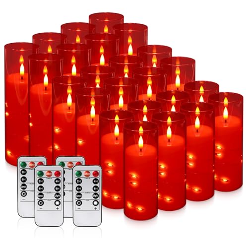 24-Pack Flameless LED Candles with Star String Lights - Red Acrylic Pillar, Realistic Flickering, Remote Control & Timer for Home Decor, Wedding, Christmas - color: 24String-Red