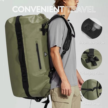 Haimont IPX7 Waterproof Roll-Top Dry Duffel Backpack | 60L/90L Sizes, 500D Tarpaulin, Welded Seams, Mesh Pockets, Boating & Kayaking - color: Army Green, size: 90L