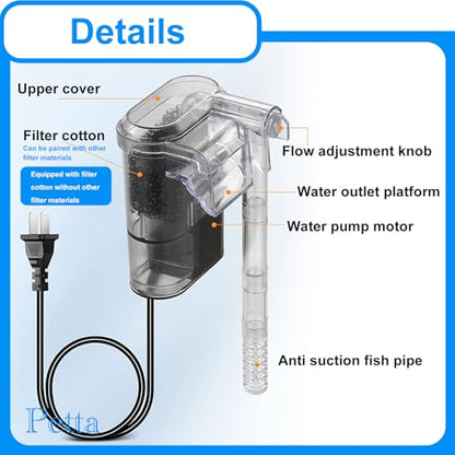 Quiet Aquarium Filter for Betta, Slim HOB Fish Tank Filter for 3-10 Gal Planted Aquariums & Aquascaping with 1 Pre-Filter Sponge ，Adjustable Flow，250L/H
