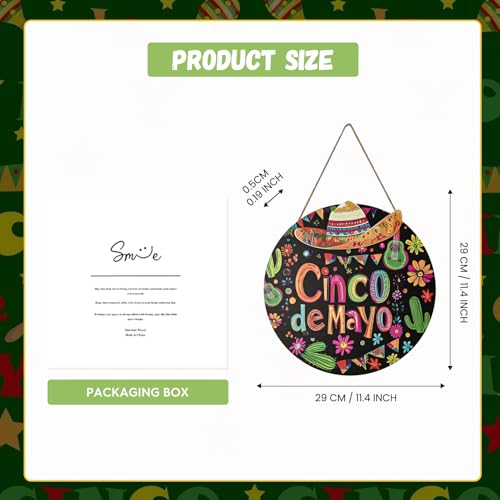 Smile Cinco De Mayo Wooden Round Door Hanger, Mexican Fiesta Themed Front Door Sign with Sombrero & Cactus for Party Decor - style: Sombrero