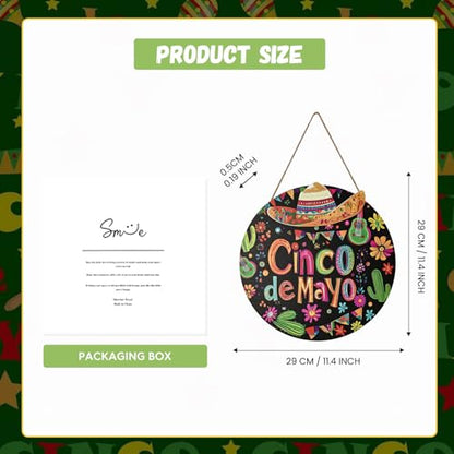 Smile Cinco De Mayo Wooden Round Door Hanger, Mexican Fiesta Themed Front Door Sign with Sombrero & Cactus for Party Decor - style: Sombrero
