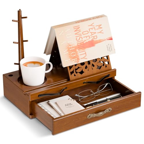 Adjustable Wooden Book Stand with Storage - Multi-Function Hands Free Book Holder for Books, Tablets & Recipes with Cup Slot, Pen Groove & Page Holder - Perfect Kitchen Counter & Gifts for Book Lovers