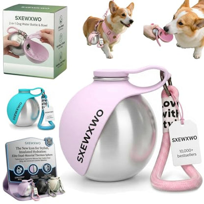 The 2-in-1 Dog Water Bottle & Bowl 2026 New Portable Trave Pet Dispenser Perros Silicone Water Ball Spill Proof Container Design on Walks Walking Hiking Insulated Round Botella Animal (Pink) - color: Pink