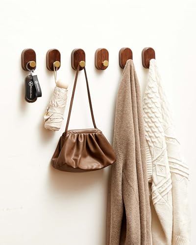 Wood Coat Hooks Wall Mount - Modern Walnut Coat Hook with Brass Accent for Hanging Clothes,Keys,Purse,Robes,Towel,Backpacks, Single Brass Wall Hooks Heavy Duty for Entryway, Closet, Bathroom (6 Pack) - style: 6 Pack