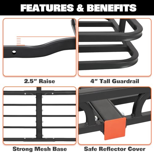 WEIZE 53" x 19" Hitch Mount Cargo Carrier Basket 500LB Capacity with Hitch Stabilizer, Waterproof Bag, Net & Straps, Fits 2" Receiver for Car SUV, Steel Construction - size: 53" x 19" x 5"