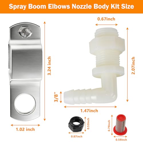 Spray Boom Repair Kit Include 3/8" Polypropylene Elbow Nozzle Body 11/16" MPS x 3/8" HB, Retaining Nuts and Caps 11/16" FPSand 50 Mesh Tip Screens Nozzle Strainers,Boom Clamps 1" Square-2 PCS