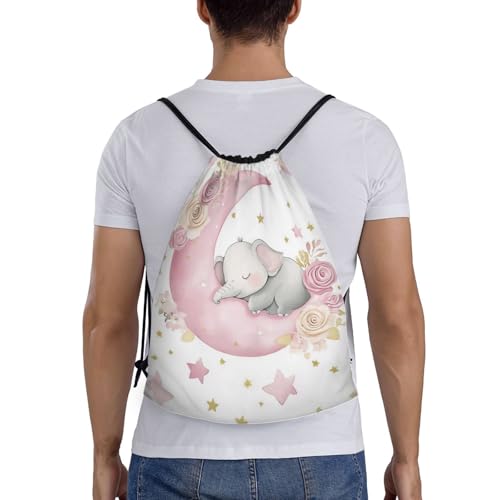 Cute Elephant on Pink Crescent Moon Drawstring Bags Reusable Polyester Durable Lightweight Storage Bags for Travel Gym Promotional Events Daily Organization