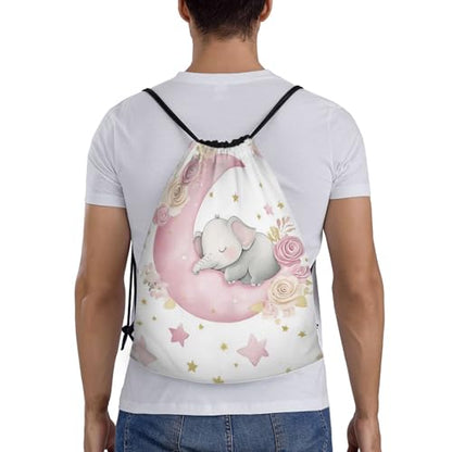 Cute Elephant on Pink Crescent Moon Drawstring Bags Reusable Polyester Durable Lightweight Storage Bags for Travel Gym Promotional Events Daily Organization