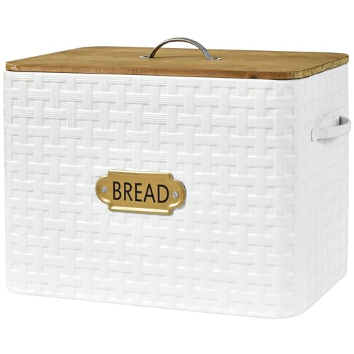 EMAX HOME Extra Large Space Saving Farmhouse Bread Box With Wood Lid - Vertical Breadbox Bread Storage Bin Holder for Kitchen Countertop, White - color: Weaving embossing