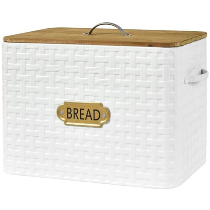 EMAX HOME Extra Large Space Saving Farmhouse Bread Box With Wood Lid - Vertical Breadbox Bread Storage Bin Holder for Kitchen Countertop, White - color: Weaving embossing