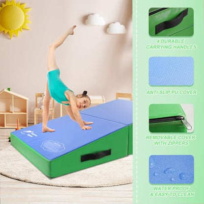 Kangaroo Hoppers Gymnastics Cheese Wedge Mat for Kids Ages 1-12 | 3 Sizes Folding Incline Mat with High-Density EPE Foam and Removable PVC Leather Cover, Home Gym Training Equipment - color: Green/Blue, size: 48" x 24" x 14"