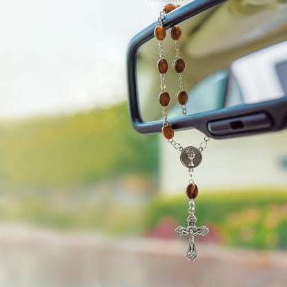 Car Rosary from The Holy Land of Bethlehem - 7” First Communion Rosary with Crucifix & Chalice Medal, Olive Wood Catholic Pocket Rosary with Wooden Rosary Beads & Lobster Clasp - color: First Communion - Medal