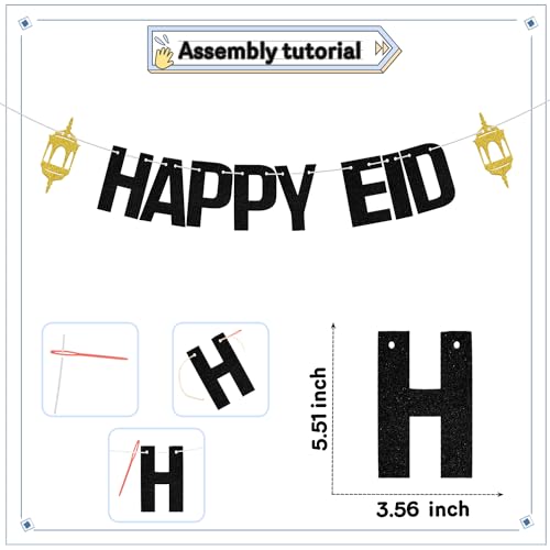 Happy Eid Banner, Eid Festival Party Decor, Umrah Mubarak Banner, 2024 Eid Mubarak Hajj Mubarak Islamic Muslim Festival Party Supplies Gold Black - color: Black