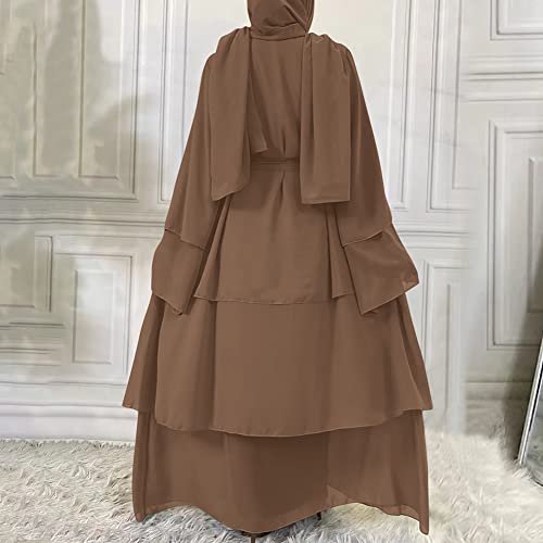 Abayas 여성용 무슬림 아바야 긴소매 맥시 드레스 루즈 풀 커버 이슬람 두바이 가디건 히잡 옷 S-XXL - color: 브라운+히잡, size: XX-Large