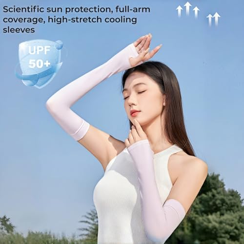 Cooling Arm Sleeves with Thumb Hole for Men & Women, UV Sun Protection Compression Sleeves for Outdoor - color: White