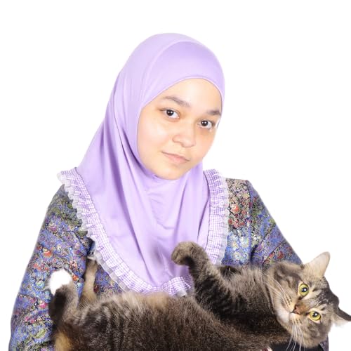 MuLanLegend Cotton Lace Hijab | Princess Nur | Girls Kids Instant Slip-on Scarf Sarong | Ligthweight and Comfortable - color: Light Purple Lace 2