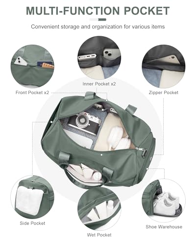 Gym Bag for Women Men, Sport Duffel Bag with Toiletry Bag & Shoe Compartment,Waterproof Travel Weekender Overnight Carry on Bag for Yoga with Trolley Sleeve, Green Set - color: A5-Green Set