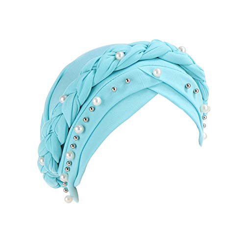Fxhixiy Women Chemo Beanie Beaded Pearl Braid Turban Headwear for Hair Loss - color: Lake Blue