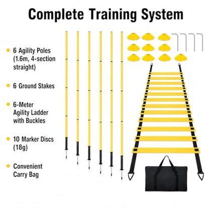 PVC Agility Ladder, 6m Speed and Agility Kit, 10 Training Cones & 6 Marker Poles, Sports Training Set with Carry Bag for Football
