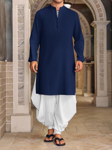 Runcati Mens Kaftan Thobe Button Down Henley Shirts Robe Long Sleeve Casual Cotton Linen Muslim Gown Shirt - color: Navy, size: Medium