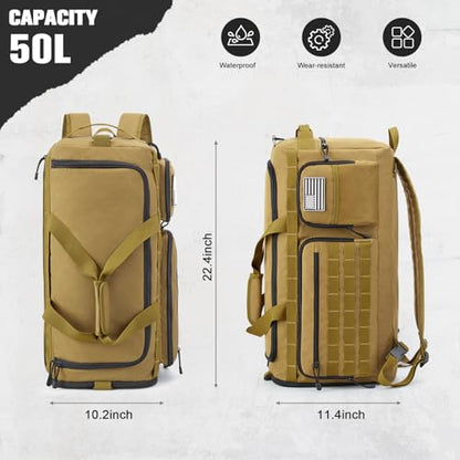 G4Free 3-in-1 Duffle Bag Travel Gym Sports, Large Tactical Duffel Backpack | 50L/65L with Shoes Compartment and Wet Pocket, Military Workout Bag for Men and Women, Khaki - color: Khaki