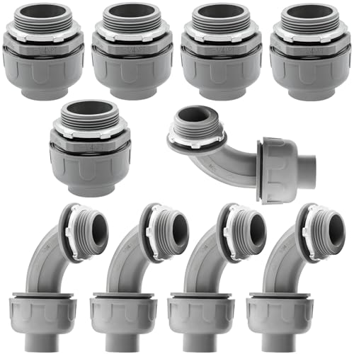 10 Pack 1-1/4 Inch Liquid Tight Connectors - PVC Electrical Conduit Fittings, Straight, 90 and 180 Degree Non-Metallic Flexible Connectors for Home, Bathroom, and Kitchen, Gray - size: 1-1/4 Inch 10-Pack (90D+180D)