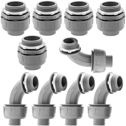 10 Pack 1-1/4 Inch Liquid Tight Connectors - PVC Electrical Conduit Fittings, Straight, 90 and 180 Degree Non-Metallic Flexible Connectors for Home, Bathroom, and Kitchen, Gray - size: 1-1/4 Inch 10-Pack (90D+180D)