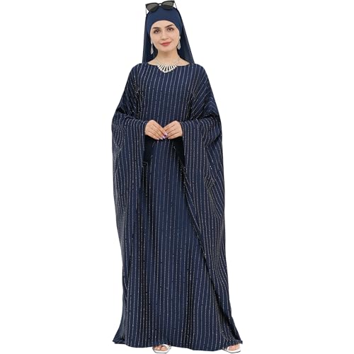 Muslim Abaya Dress 1Piece Bat Sleeve Kaftan Robe Women Islamic Maxi Dress Rhinestone Jilbab Eid Shiny Abaya(No scarf) - color: Navy I