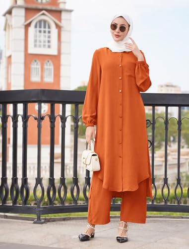 ODIZLI Women's Muslim 2 Pieces Sets Long Sleeve Button Down Shirt and Pants Abaya Casual Dress Dubai Outfits - color: Orange, size: Small