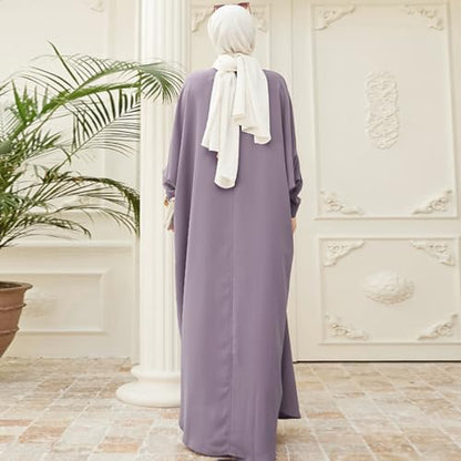 IKADEX Women Batwing Sleeve Abaya Button Loose Fit Long Maxi Muslim Dress Islamic Kaftan Prayer Robe - color: Purple