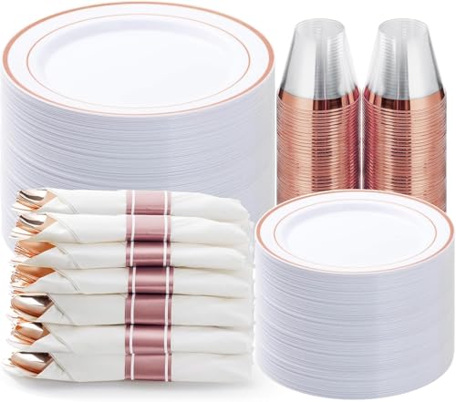 BESTVIP 350PCS Rose Gold Plastic Dinnerware Set, Disposable Party Plates for 50 Guests, Include: 100 Plastic Plates, 50 Pre Rolled Napkins with Rose Gold Silverware, 50 Cups for Christmas, Halloween - color: Rose Gold, size: 50 Guests