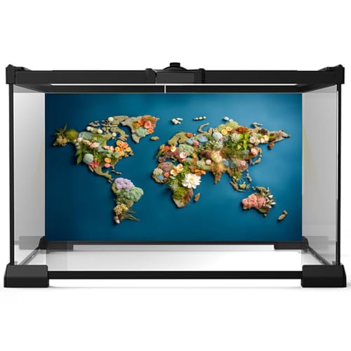 Aquarium Background World Map Composed of Flowers Plants Greenery on Blue Background Terrarium Backdrop Nature-Themed Designs Aquarium Background Fish Tank Backdrop Vinyl 24x12in - color: Green, size: 24(W)x12(H)inches/ 60(W)*30cm(H)