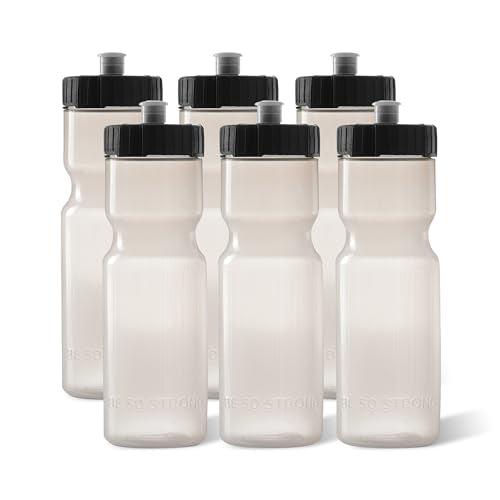 50 Strong Sports Water Bottles – Reusable 22 oz BPA-Free Plastic Bottles with Pull Top Cap – Made in USA – Top Rack Dishwasher Safe – Fits Most Bike Cages Brand - color: Clear, style: 6 Pack