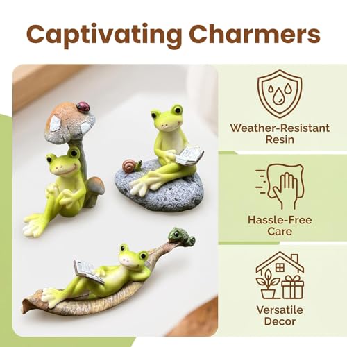 Resin Frog Ornaments for Fish Tanks and Home Decor,Enchanting Whimsical Frogs Reading Trio