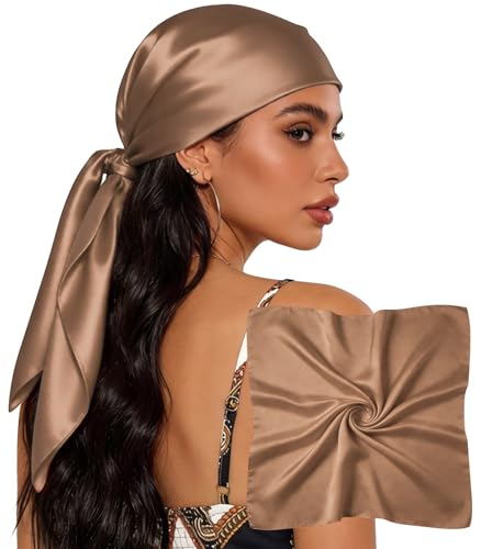 Sumolux Head Hair Scarf for Women 35" Like Satin Silk Scarf Hair Wrapping Night Bandana Large Square Scarves - color: A Solid Khaki