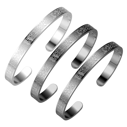 AYATUL KURSI CUFF | WOMEN Serenity Prayer Personalised Bracelet Allah Islam Muslim Arab Stainless Steel Deep Engraved Bangle - color: 2 Black 1 Steel color