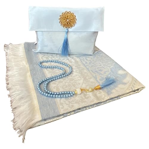 Muslim Prayer Rug and Beads with Elegant Slub Fabric Bag | Janamaz | Sajadah | Soft Islamic Prayer Rug | Islamic & Mawlid Gifts | Prayer Carpet Mat, Taffeta Fabric (Blue, 8 Sets) - color: Blue, size: 8 Sets