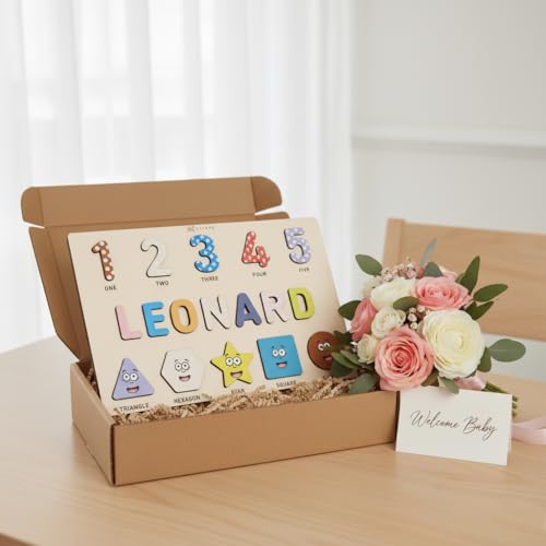Puzzles for Toddlers Boy and Girl, Personalized Name Puzzle, 12 Month Toy, Gifts for 0 1 2 3 Years Old, Baby Gifts, Baby Shower, Christmas, NewBaby Gift, 0 3 6 9 12 18 24 36 Months - Set 6 - style: Shapes Numbers - 10 Figures