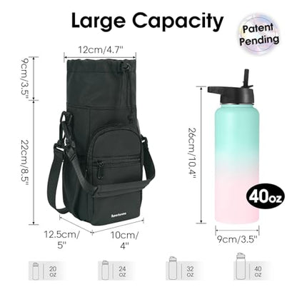 sportsnew 40oz Insulated Crossbody Water Bottle Bag Gym Hiking Phone Pocket | Water-resistant Lining, Padded Strap, Top Handle, Drawstring, Phone Pocket, Elastic Slots, Built-In Key Clip for Gym Walking - color: Black