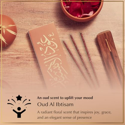 Oud Al Ibtisam Incense Sticks by Dukhni – Floral Oudh Scent | Agarwood Arabian Charcoal Free Incense I 90 Long-Lasting Oud Sticks | Organic & Non Toxic I Relaxing Aroma for Home, Aromatherapy, Prayer