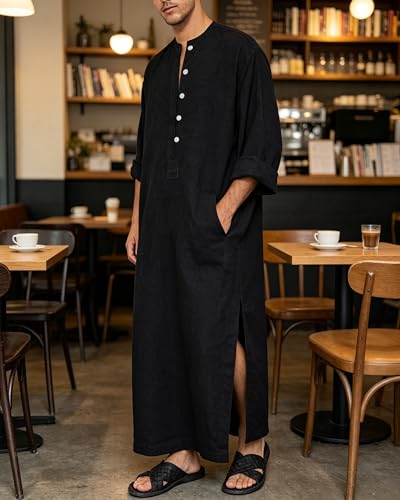 Jacansi Men's 65% Cotton 35% Linen Long Sleeve Kaftan, Button Down Ankle Length Thobe with Side Split & Pocket - color: Black, size: 3X-Large