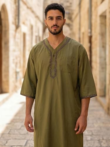 Mens Kaftan Thobe V-Neck Half Sleeve Muslim Robe Dubai Long Gown Saudi Arab Thobe Robes for Summer Beach - color: Green, size: 3X-Large