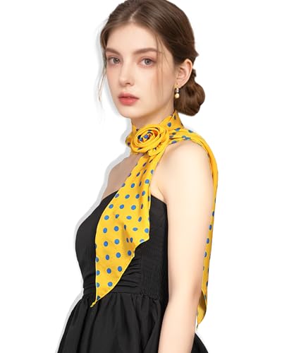 Chiffon Scarf for Women, Removable Flower Neck Scarf Light Soft Fashion Rose Scarves Versatile Headband or Hair Band - color: Yellow Blue Polka Dot