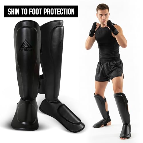MMA Shin Guards for Men & Women | Lightweight Kickboxing Shin Pads with Foot Protection | Muay Thai, Sparring, Martial Arts & MMA Training Gear
